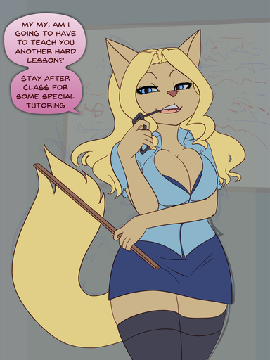 3:4 anthro big_breasts blonde_hair blue_eyes bottomwear breasts cheese_quesadilla clothing dialogue english_text eyewear felid female general-irrelevant glasses glasses_in_mouth hair hi_res holding_ruler legwear mammal skirt smile solo stockings text // 1080x1440 // 482.2KB