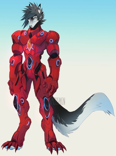 5_fingers anthro black_body black_fur canid canine canis digital_media_(artwork) fingers fur gradient_background grey_hair hair hi_res male mammal mech_suit pawpads scar simple_background smooshkin solo standing white_body white_fur wolf // 955x1280 // 146.4KB