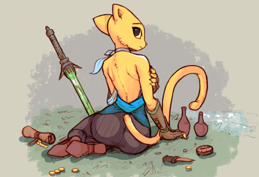 2016 5_fingers anthro bethesda_softworks big_butt biped butt clothed clothing coin damn_lasso_tool digital_media_(artwork) felid female fingers fur gold_(metal) grass katia_managan khajiit looking_at_viewer looking_back mammal melee_weapon plant prequel sitting solo sword the_elder_scrolls video_games weapon webcomic webcomic_character yellow_body yellow_fur // 1536x1050 // 957.6KB