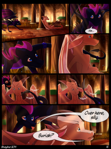 2014 blue_eyes comic day dragon english_text feral forest hi_res horn membrane_(anatomy) membranous_wings outside plant scalie skaydie spines standing teeth text tree western_dragon wings // 940x1265 // 1.3MB