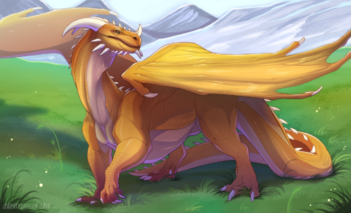 big_muscles claws dragon feral field gold_scales grass hi_res horn long_tail male mountain muscular muscular_feral muscular_male outside plant qwertydragon scalie solo standing valeryn_brightscale wings yellow_eyes // 2118x1286 // 2.5MB