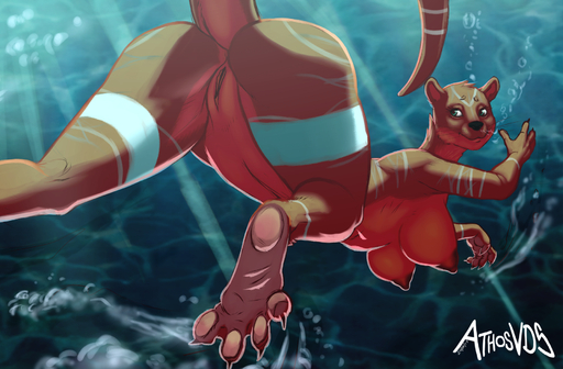 anthro athosvds big_breasts black_nose breasts butt claws female genitals green_eyes hi_res huge_nipples long_back looking_back lutrine mammal mustelid nude pussy solo swimming underwater very_long_back water // 1814x1190 // 1.9MB