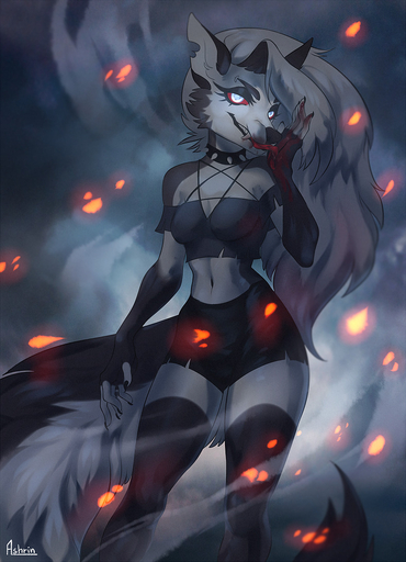 2019 anthro blood bodily_fluids breasts canid canid_demon canine clothing collar demon detailed_background embers female hair hellhound helluva_boss inverted_pentagram licking long_hair looking_at_viewer loona_(vivzmind) mammal pentagram piercing red_sclera smoke solo spiked_collar spikes tongue tongue_out torn_clothing // 789x1091 // 203.0KB