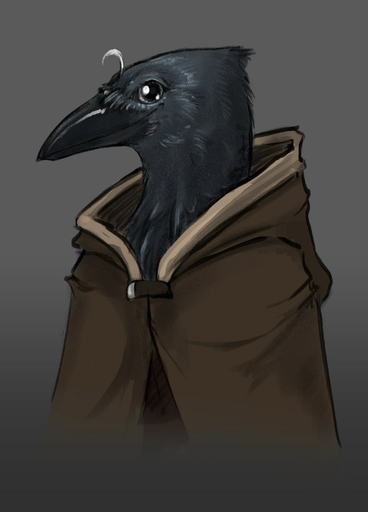 2022 ambiguous_gender anthro avian beak black_body black_feathers cloak clothed clothing feathers flamespitter gradient_background grey_background hi_res kenku simple_background smile solo white_eyes wide_eyed // 921x1280 // 78.6KB