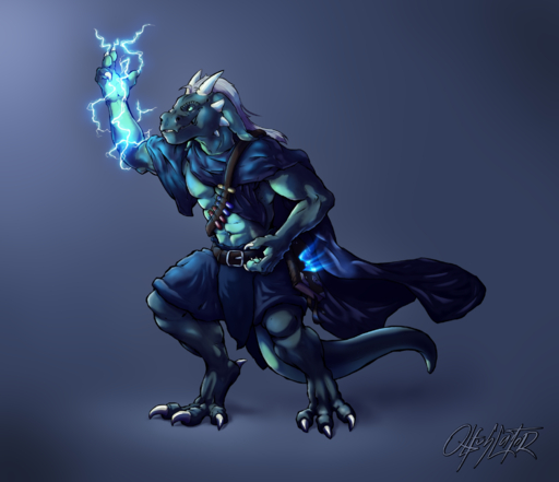 2018 anthro blue_body book bottomwear by-nc-nd cloak clothed clothing countershade_torso countershading creative_commons digital_media_(artwork) digitigrade dragon electricity feet hair hi_res horn loincloth magic magic_user male muscular muscular_anthro muscular_male obfuscator potion raised_arm reptile scalie simple_background solo white_hair // 2000x1724 // 1.5MB