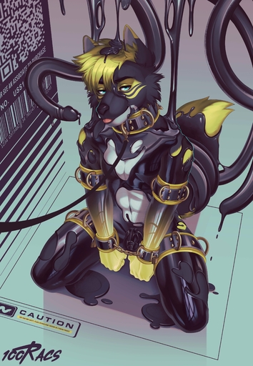 100racs 2022 absurd_res anthro ardyn_(lunarardyn) barcode bdsm black_body black_chastity_cage black_collar black_fur black_leash black_nose blep blonde_hair blue_eyes bondage bound canid canine canis chastity_cage chastity_device collar cuff_(restraint) dipstick_ears dripping english_text fur hair half-closed_eyes hi_res inner_ear_fluff kneeling leash liquid_latex looking_at_viewer male mammal markings multicolored_ears narrowed_eyes petplay puppyplay qr_code restraints roleplay rubber solo submissive submissive_anthro submissive_male tentacles text thigh_cuffs tongue tongue_out transformation tuft wolf wrist_cuffs // 2831x4096 // 1.0MB