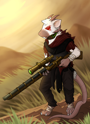 2019 4_fingers 4_toes anthro biped captainzepto claws clothed clothing collar day dazren_deadsnout_(dami_bhw) detailed_background digital_media_(artwork) fangs feet fingers fur grass hi_res holding_object holding_weapon horn male mammal mountain outside plant ranged_weapon red_eyes rodent shadow simple_background skaven sky solo standing toes warhammer_(franchise) warhammer_fantasy weapon white_body white_fur // 1179x1610 // 1.4MB