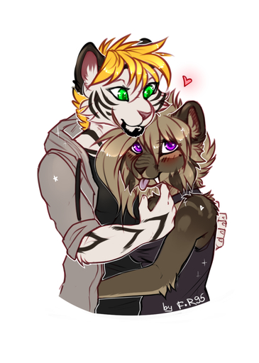 <3 anthro blonde_hair blush breasts clothed clothing collar digital_media_(artwork) duo embrace f-r95 falla_(f-r95) fangs felid female fur green_eyes hair hi_res hug looking_at_viewer love machairodontine male malefemale mammal pantherine purple_eyes romantic romantic_couple sabertooth_(anatomy) shaded simple_background smile smilek_(character) stripes text tiger tongue white_body white_fur // 913x1279 // 646.5KB