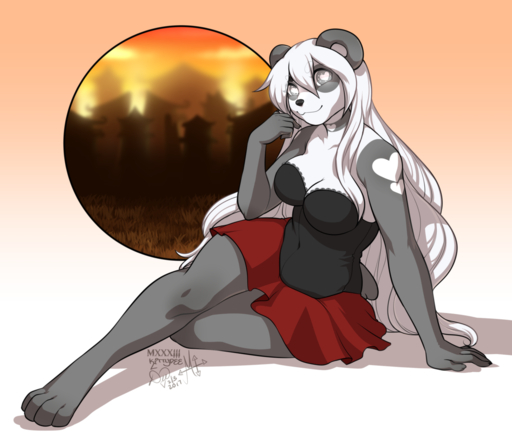 2017 <3 <3_eyes anthro bare_shoulders barefoot biped bottomwear breasts cleavage clothed clothing feet female giant_panda hair kittydee looking_at_viewer mammal sitting skirt slightly_chubby smile solo ursid // 1280x1116 // 597KB