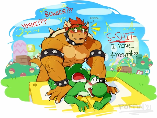 abs anal anthro blush bodily_fluids bowser caught cum cum_in_ass cum_inside dialogue duo genital_fluids hi_res male malemale muscular muscular_male nipple_piercing nipples piercing poppin size_difference video_games yoshi yoshi_(character) // 2260x1710 // 383.6KB