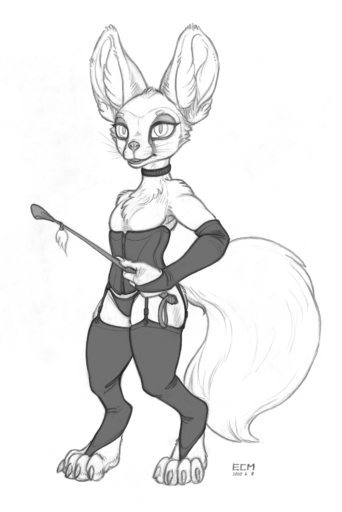 2020 4_toes 5_fingers anthro canid canine clothed clothing collar ecmajor feet fennec fingers fox greyscale hi_res holding_object lingerie male mammal monochrome nonbinary_(lore) riding_crop simple_background skimpy solo standing toes traditional_media_(artwork) vulpes whip whiskers white_background // 1032x1546 // 474.4KB