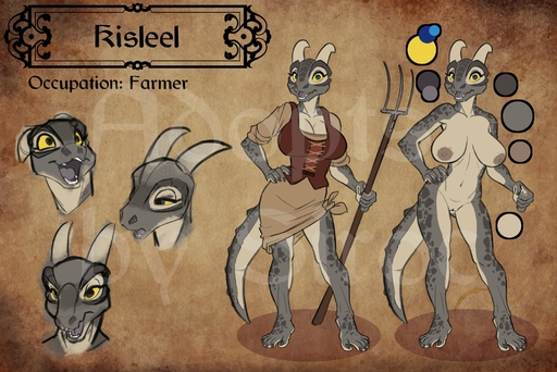 anthro argonian barefoot big_breasts blue_eyes breasts cleavage clothed clothing feet female genitals hi_res horn looking_at_viewer model_sheet navel non-mammal_breasts nude open_mouth pussy reptile scalie sharp_teeth simple_background siroc smile solo teeth toes video_games yellow_sclera // 3000x2005 // 1.0MB