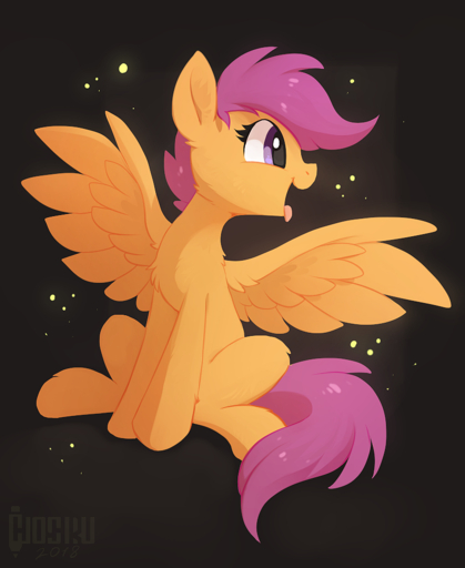 2018 digital_media_(artwork) equid equine feathered_wings feathers female feral hair hioshiru horse mammal open_mouth orange_body orange_feathers pegasus purple_eyes purple_hair scootaloo_(mlp) solo tongue tongue_out wings // 831x1016 // 447.9KB