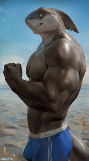 2022 abs anthro biceps big_bulge bulge chunie clothed clothing detailed_background digital_media_(artwork) featureless_chest fish hi_res male marine mature_anthro muscular muscular_male outside pecs shark solo standing topless // 713x1280 // 318.7KB