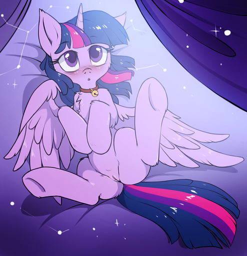 2016 bell bell_collar collar equid equine feathered_wings feathers female feral fur genitals hair hioshiru hooves horn horse lying mammal purple_body purple_eyes purple_fur pussy solo spread_legs spreading twilight_sparkle_(mlp) underhoof winged_unicorn wings // 1029x1066 // 1.0MB