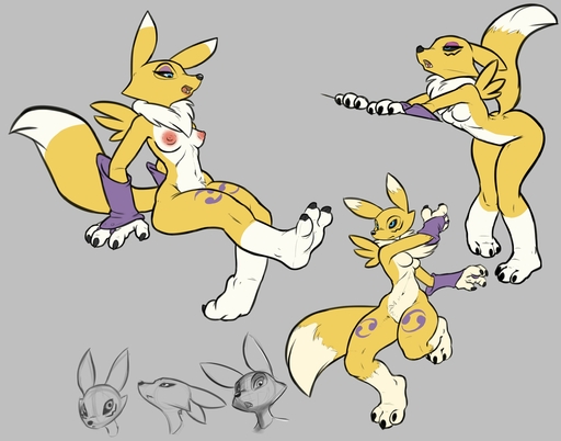 3_toes anthro breasts canid canine claws clothing digimon_(species) featureless_crotch feet female gloves handwear hi_res mammal multiple_poses nipples open_mouth paws pose renamon siroc smile solo toe_claws toes // 2547x2000 // 291KB