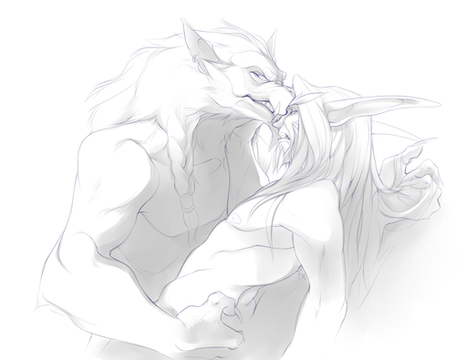 anthro beard canid canine canis duo elf embrace facial_hair hair hug humanoid male malemale mammal monochrome night_elf patto romantic romantic_couple sketch video_games were werecanid worgen // 1000x772 // 307.4KB