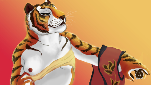 16:9 2016 anthro breasts claws dreamworks felid female fur gradient_background hi_res kung_fu_panda mammal master_tigress nipples one_breast_out pantherine pawpads sabrotiger simple_background small_breasts smile solo striped_body striped_fur stripes tiger whiskers widescreen yellow_eyes // 1920x1080 // 1.0MB