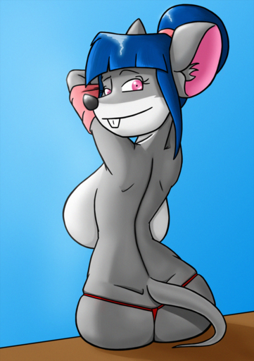 anthro big_breasts blue_hair breasts buckteeth butt clothing creatiffy eyelashes female gradient_background hair hi_res huge_breasts looking_at_viewer looking_back mammal mouse murid murine pink_eyes rodent simple_background solo teeth undressing violet_(thea_sisters) // 1127x1600 // 3.6MB
