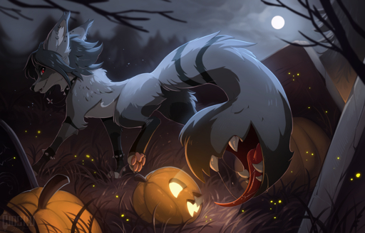 2017 canid canine detailed_background digital_media_(artwork) feral food fox fruit grass hioshiru male mammal monster_tail night noxik open_mouth outside pawpads plant pumpkin red_eyes smile solo tail_mouth teeth tongue unusual_anatomy unusual_tail // 1280x819 // 1.1MB