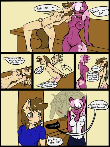2012 3:4 anthro anthrofied avante92 blush breasts cheerilee_(mlp) chimera classroom clothing comic cutie_mark dialogue discord_(mlp) draconequus duo earth_pony english_text equid equine feathered_wings feathers female fur furniture genitals green_eyes hair hi_res horse mammal multicolored_hair pegasus pony purple_body purple_fur pussy school student table teacher teacher_and_student text two_tone_hair wings // 960x1280 // 230.3KB