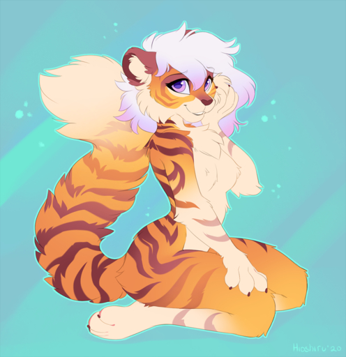 2020 anthro blue_background brown_body brown_fur claws feet felid female fingers fur hair hi_res hioshiru kneeling looking_at_viewer mammal nude orange_body orange_fur pantherine purple_eyes purple_hair simple_background smile solo striped_body striped_fur stripes tiger toes // 1240x1280 // 981KB