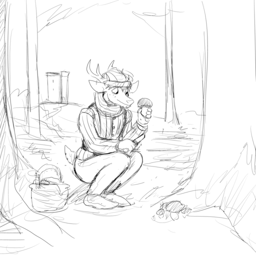 1:1 anthro antlers basket biped black_and_white bottomwear cervid clothed clothing crouching deer_prince food forest fungus hi_res hladilnik holding_object horn knife male mammal monochrome mushroom outside plant simple_background sketch solo topwear tree white_background // 1280x1280 // 424.9KB