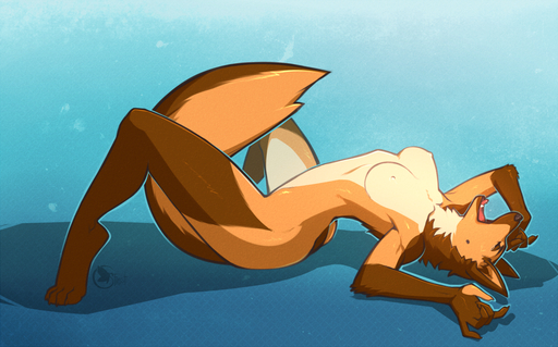 anthro arched_back breasts canid canine canis domestic_dog fangs female fluffy fluffy_tail foxjump german_shepherd herding_dog kirsten_odessa mammal nipples nude open_mouth pastoral_dog solo spearfrost stretching tongue yawn // 1100x686 // 962.2KB
