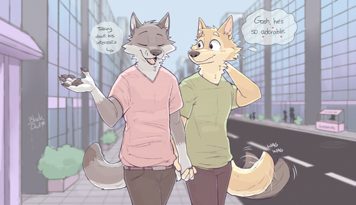 anthro blush building canid canine canis domestic_dog duo english_text hand_holding male malemale mammal owlblack street tail_motion tailwag text // 1280x738 // 181.8KB