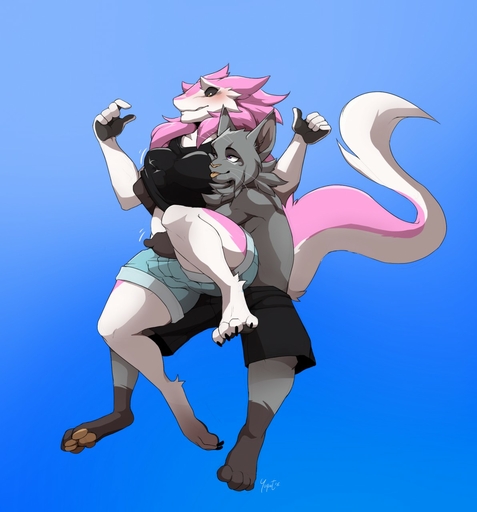 big_breasts black_sclera blep blurple501 blush breasts bulge claws clothed clothing duo felid feline female fluffy fur grey_body grey_fur grope hi_res kristoph_wulphenstein long_tail lynx male mammal neck_tuft pink_body pink_fur purple_eyes sergal tail_tuft thick_thighs tongue tongue_out topless tuft white_body white_fur yellow_nose yogoat // 1192x1280 // 151.5KB