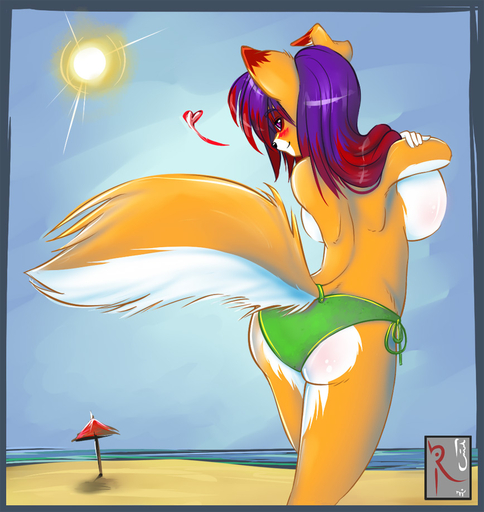 <3 anthro back_boob beach big_breasts blush breasts butt canid canine casual_exposure clothed clothing detailed_background digital_media_(artwork) female fluff-kevlar fox fyxe huge_breasts looking_at_viewer looking_back mammal outside rear_view sand seaside side_boob sky solo sun topless water // 868x918 // 172.3KB