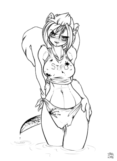 2005 anthro biped black_and_white blood blush bodily_fluids clothed clothing female frown knife looking_at_viewer mammal mephitid midriff monochrome navel scowl shirt skunk sneakerfox solo squik standing stfu tank_top topwear // 406x556 // 25.5KB