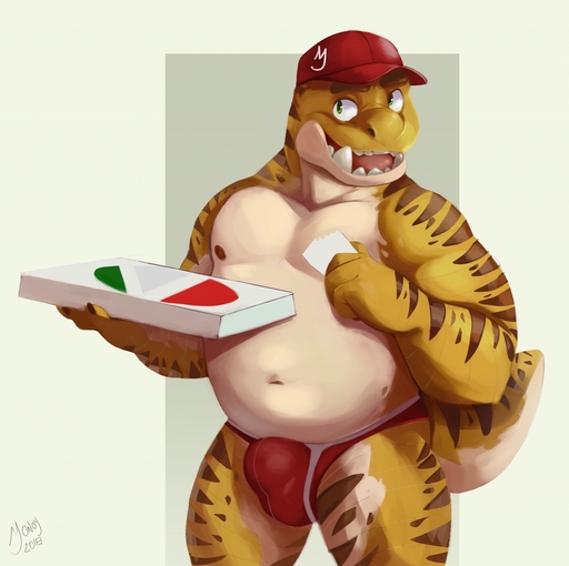 anthro bakemonoy bulge clothing countershading delivery_(commerce) delivery_employee elliot_(bakemonoy) fangs food_delivery gecko hat headgear headwear hi_res jockstrap lizard male mostly_nude musclegut muscular muscular_anthro muscular_male nipples overweight overweight_anthro overweight_male pizza_box pizza_delivery reptile scalie smile solo underwear // 1280x1276 // 158.0KB