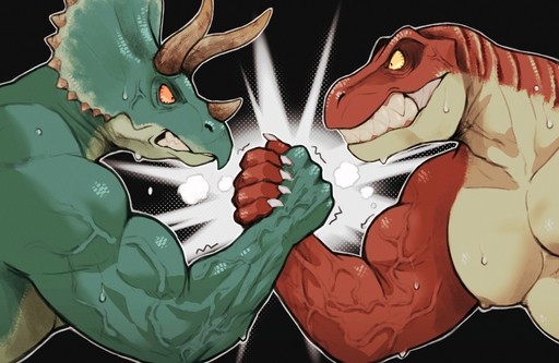 absurd_res anthro ceratopsian dinosaur duo hi_res k0bit0wani male muscular muscular_male ornithischian reptile scalie triceratops // 3400x2210 // 975.9KB