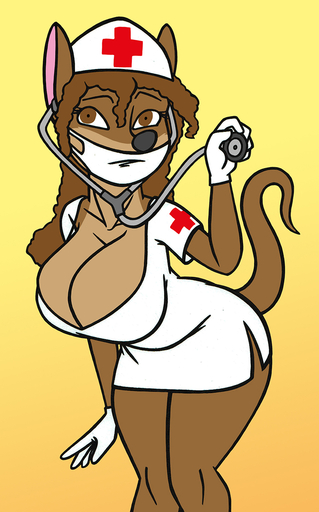 anthro big_breasts breasts brown_body brown_eyes brown_fur brown_hair cleavage clothed clothing creatiffy eyelashes female fur gloves gradient_background hair handwear hat headgear headwear hi_res huge_breasts looking_at_viewer mammal medical_instrument mouse murid murine nurse nurse_clothing nurse_hat nurse_headwear nurse_uniform pamela_(thea_sisters) rodent scientific_instrument simple_background solo stethoscope uniform // 748x1200 // 476.4KB