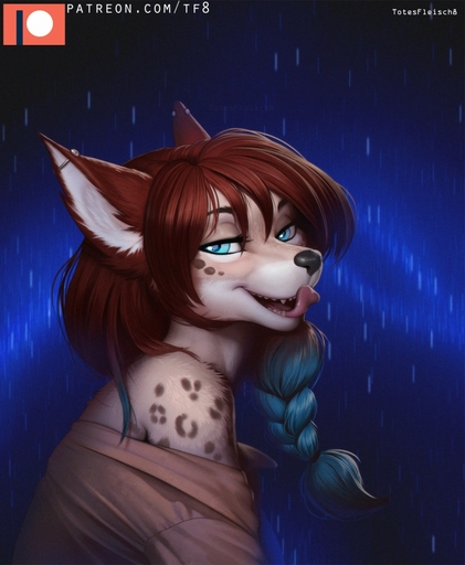 anthro canid canine clothed clothing female fur hair half-closed_eyes hi_res licking licking_lips licking_own_lips looking_at_viewer mammal narrowed_eyes open_mouth patreon raining seductive self_lick smile solo text tongue tongue_out totesfleisch8 url watermark // 1053x1280 // 198KB