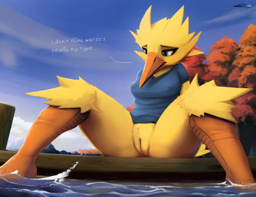 2022 avian beak blue_eyes bottomless breasts clothed clothing day detailed_background english_text female genitals hi_res legendary_pokemon nopetrol outside pokemon_(species) pussy shirt sky solo text topwear video_games water zapdos // 2684x2062 // 6.9MB