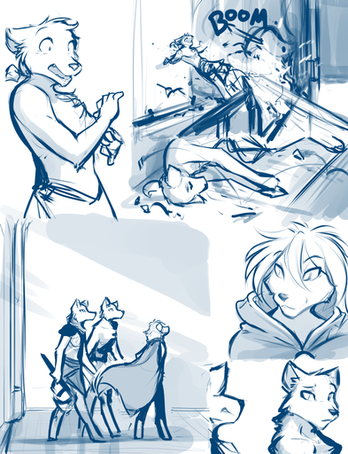 anthro blue_and_white canid canine canis cape clothing clovis_(twokinds) conditional_dnp explosion fox group hybrid keidran male mammal monochrome remus_(twokinds) romulus_(twokinds) sketch sythe_(twokinds) tom_fischbach twokinds webcomic webcomic_character wolf // 825x1075 // 669.1KB