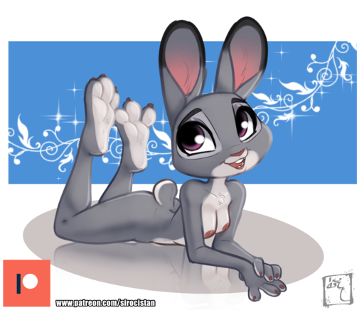 2020 abstract_background absurd_res anthro areola breasts buckteeth chest_tuft countershade_feet countershading dipstick_ears feet female full-length_portrait fur grey_body grey_fur hi_res judy_hopps lagomorph legs_up leporid looking_up lying mammal multicolored_ears nipples nude on_front open_mouth open_smile paws portrait purple_eyes rabbit siroc smile solo teeth tuft // 3308x2824 // 3.0MB