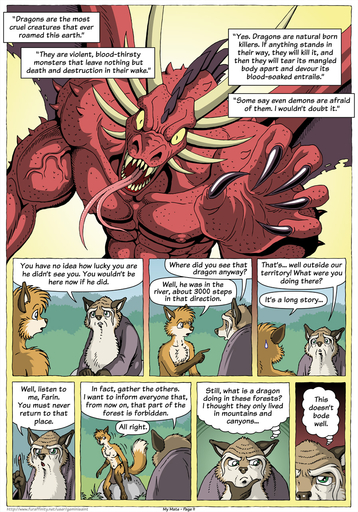 2015 abs aldus angry anthro beard biceps big_muscles bottomwear canid canine claws clothing comic dialogue digital_media_(artwork) dragon duo_focus english_text facial_hair farin forked_tongue fox geminisaint group hi_res horn loincloth looking_at_viewer male mammal membrane_(anatomy) membranous_wings muscular nature nipples old pecs red_body red_scales scales scalie sharp_teeth speech_bubble spikes spines teeth text tongue tongue_out tribal vein wings // 896x1280 // 606.4KB
