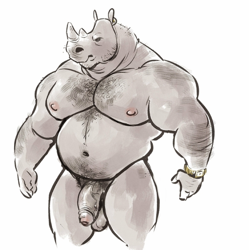 2019 anthro arm_hair balls biceps body_hair chest_hair clock dramamine english_text flaccid foreskin genitals hi_res horn humanoid_genitalia humanoid_penis male mammal mature_male muscular muscular_anthro muscular_male navel nipples nude pecs penis pubes rhinocerotoid simple_background solo text watch white_background // 2363x2371 // 691.3KB