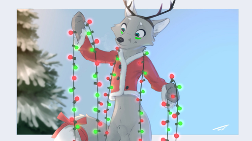 16:9 animal_genitalia anthro balls bottomless canid canine canis christmas_lights clothed clothing fox genitals hybrid male mammal sheath solo trevart widescreen wolf // 1280x720 // 139.0KB