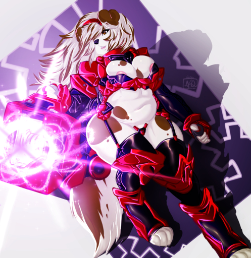 2016 absurd_res angel_(avante92) anthro areola armor avante92 breasts canid canine canis cleavage clothed clothing domestic_dog female glowing hair hi_res legwear long_hair mammal solo stockings unconvincing_armor // 2499x2577 // 4.5MB