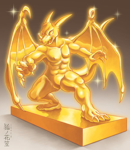2017 abs absurd_res akanos anthro dragon glistening gold_(metal) hanagasa hi_res male metal muscular muscular_anthro muscular_male pecs petrification sculpture solo statue wings // 2963x3438 // 6.7MB