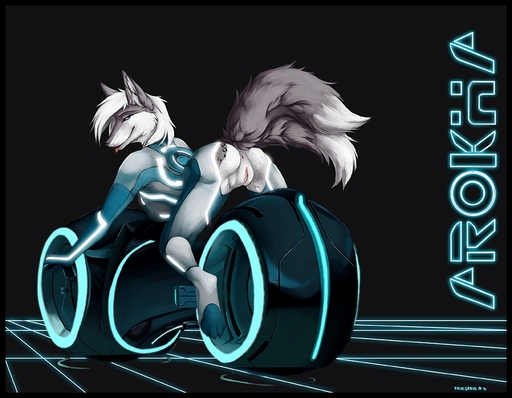 2001 anthro anus arokha biped black_border border breasts butt canid canine canis female fluffy fluffy_tail fox genitals hair identity_disc light_cycle looking_at_viewer mammal motorcycle multi_tail paws presenting presenting_hindquarters pussy solo tongue tongue_out tron truegrave9 vehicle white_hair wolf // 1235x959 // 483.9KB
