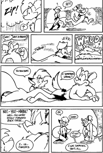 anthro black_and_white breasts canid canine canis comic domestic_dog duo english_text eric_schwartz featureless_breasts female fox male mammal monochrome outside pen_(artwork) plant tammy_vixen text tor_dog traditional_media_(artwork) tree // 672x1000 // 193.0KB