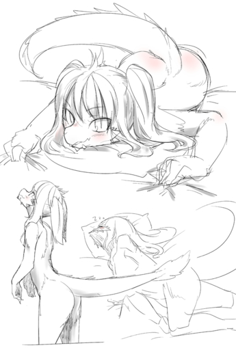 2016 anthro blush breasts butt dragon female hair kemono nude silinder simple_background sketch sleeping smile white_background シリンダ // 606x900 // 304.1KB
