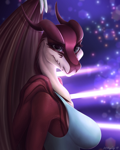2019 4:5 anthro breasts digital_media_(artwork) dragon eyebrows eyelashes female hi_res horn looking_at_viewer membrane_(anatomy) membranous_wings non-mammal_breasts p-v-s smile solo wings // 960x1200 // 1.1MB