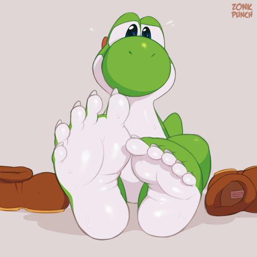 1:1 5_toes ambiguous_gender barefoot bodily_fluids clothing digital_media_(artwork) dinosaur feet foot_focus footwear green_yoshi hi_res hindpaw looking_at_viewer paws plantigrade reptile scalie shoes sitting solo sweat toes video_games yoshi zonkpunch // 1280x1280 // 372.9KB