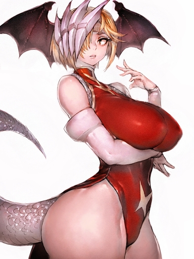 3:4 animal_humanoid big_breasts blonde_hair breasts clothed clothing dragon dragon_humanoid female fumio936 hair head_wings hi_res humanoid leotard ryuko_tatsuma simple_background solo standing white_background wings // 1200x1600 // 1.1MB